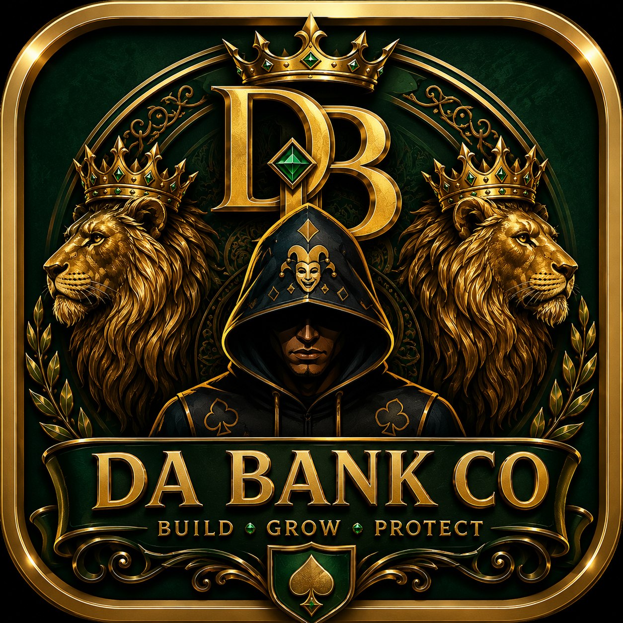 Da Bank Co crest with crowned lions, cards, and gold lettering