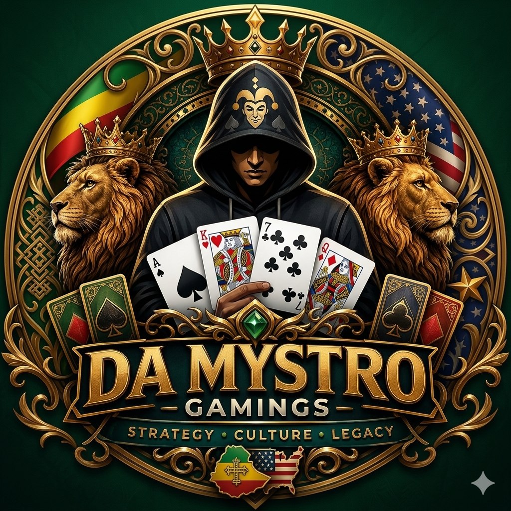 Da Mystro Gamings crest with lions, cards, Ethiopian colors, and gold lettering